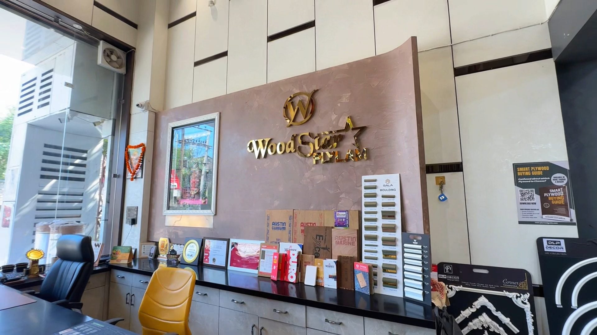 WoodStar's front desk with product samples
